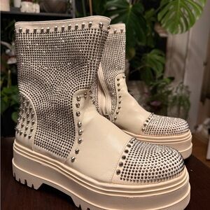 Elegant Studded Cream and Silver Women's Combat Boots